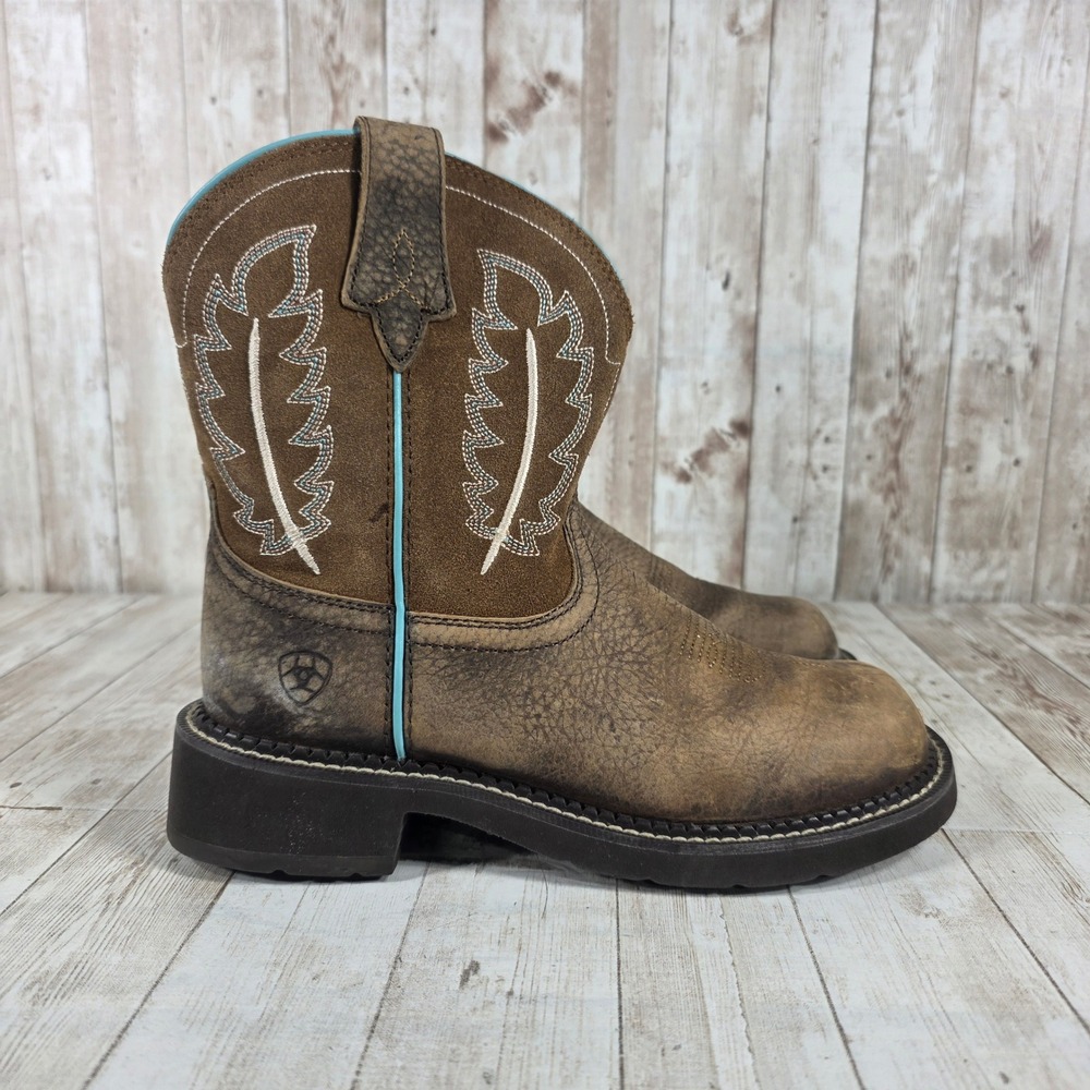 Ariat Brown Leather‎ Turquoise Stitch Cowboy Boots Kids Youth Size 6.5B